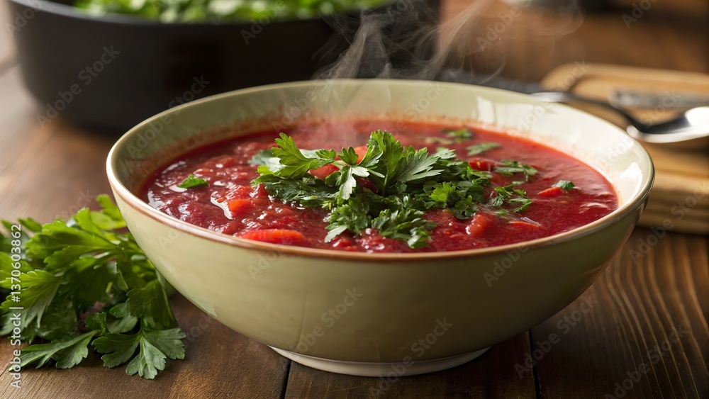 Warm bowl of borscht with chopped parsley garnished, perfect for a cozy meal on a chilly afternoon Warm bowl of borscht with chopped parsley garnished, perfect for a cozy meal on a chilly afternoon