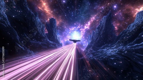 A spaceship travels at light speed through a cosmic landscape in outer space.