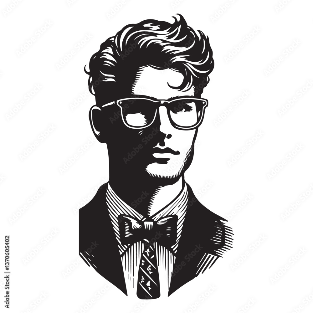 Stylish Nerd Portrait Illustration with Bow Tie and Glasses Image Stylish Nerd Portrait Illustration with Bow Tie and Glasses Image
