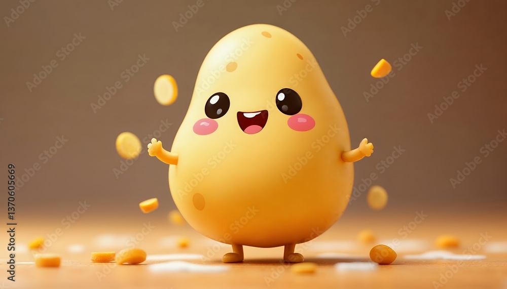 Happy Cartoon Potato Character Standing with Raised Arms and Small Slices Happy Cartoon Potato Character Standing with Raised Arms and Small Slices