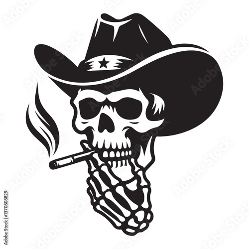 Skeleton cowboy hand hold cigarette vector illustration with cowboy hat
