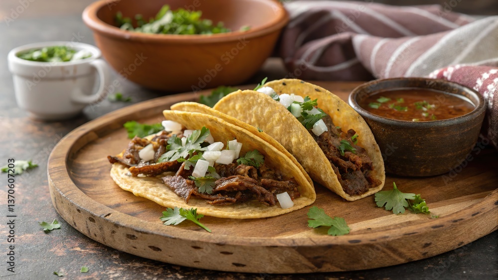 Beef birria tacos served on a rustic wooden plate garnished with fresh cilantro and onion, perfect for a flavorful meal Beef birria tacos served on a rustic wooden plate garnished with fresh cilantro and onion, perfect for a flavorful meal