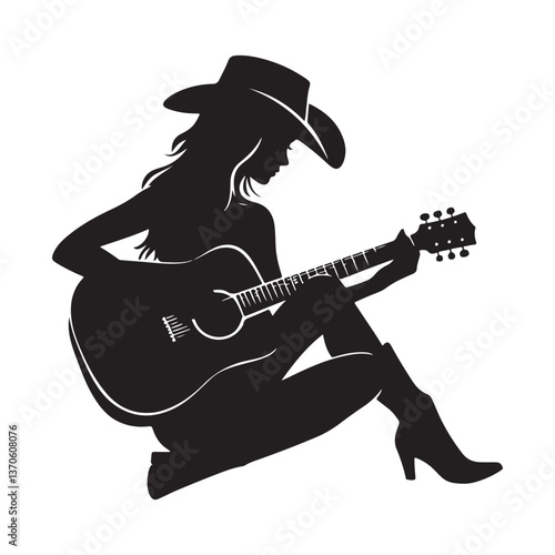 Silhouette of a Country Girl Playing Guitar Vector Art Illustration