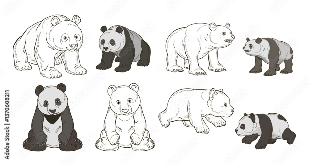 Obraz premium Animals. Black and white panda drawing. Coloring book for children. Vector image background, design.