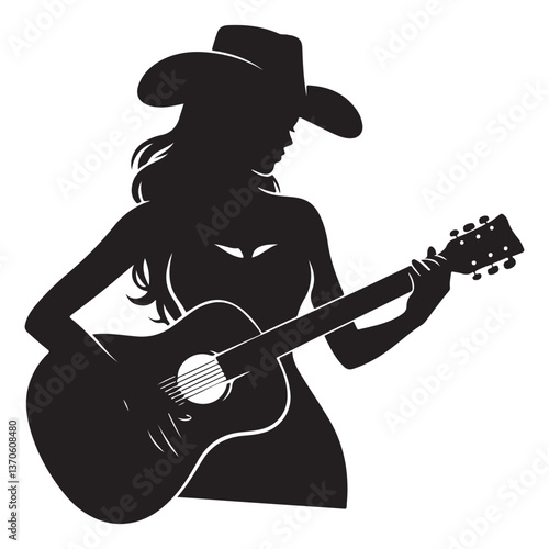 Silhouette of a Cowgirl Playing Guitar Country Music Vector Illustration