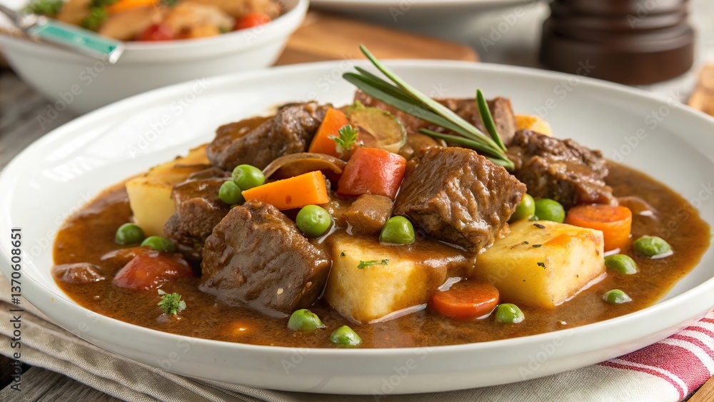 Delicious beef casserole served with rich gravy and fresh vegetables on a rustic wooden table Delicious beef casserole served with rich gravy and fresh vegetables on a rustic wooden table