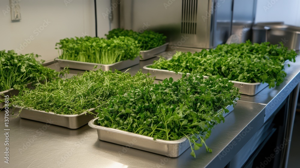 Trays filled with fresh, vibrant microgreens in a modern kitchen, symbolizing health and sustainable culinary practices. Trays filled with fresh, vibrant microgreens in a modern kitchen, symbolizing health and sustainable culinary practices.