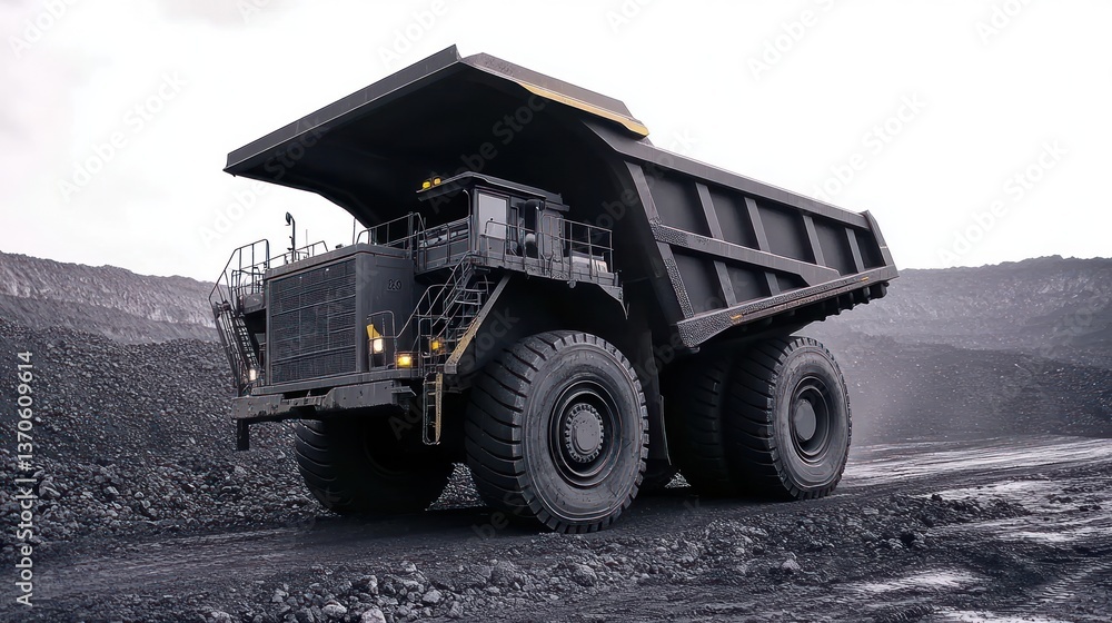 Gigantic mining truck working at a large open pit coal mine on a cloudy day Gigantic mining truck working at a large open pit coal mine on a cloudy day