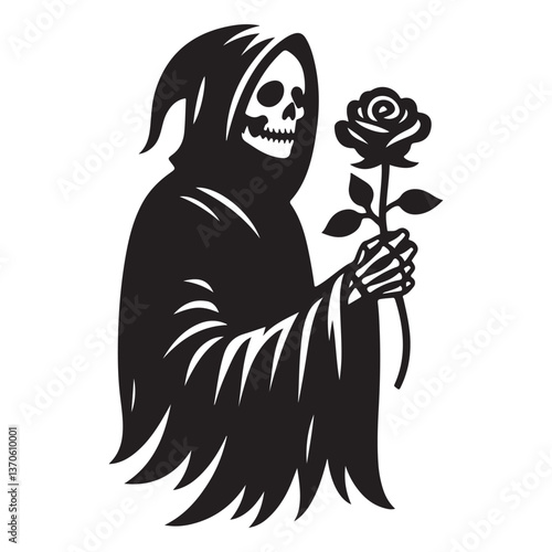 Silhouette Grim Reaper Holding Rose Death With Affection Illustration