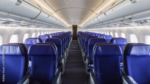 Rows of blue airplane seats inside a well-lit, empty cabin, offering a sense of order and anticipation of travel adventures.