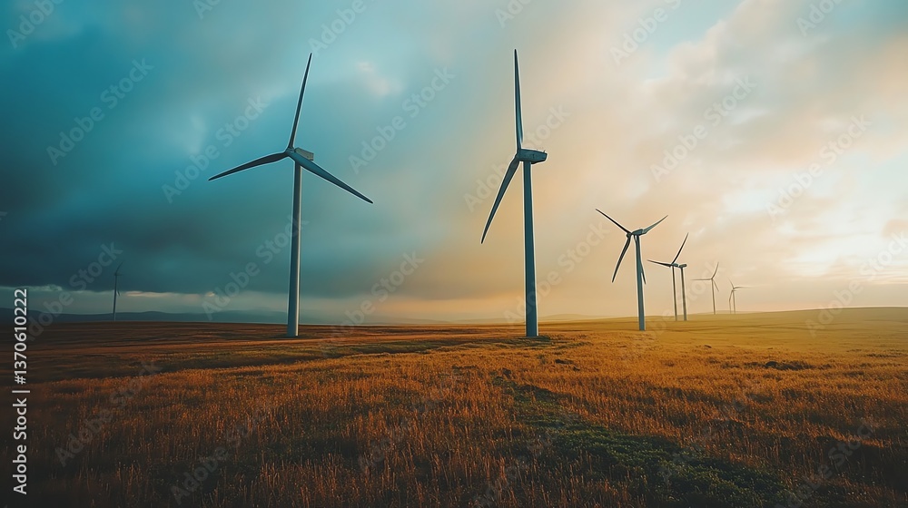 Wind Turbines in Golden Field Against Dramatic Sky at Sunset Wind Turbines in Golden Field Against Dramatic Sky at Sunset