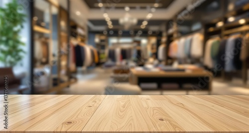 Wooden table for product display on the blurred clothes shop background