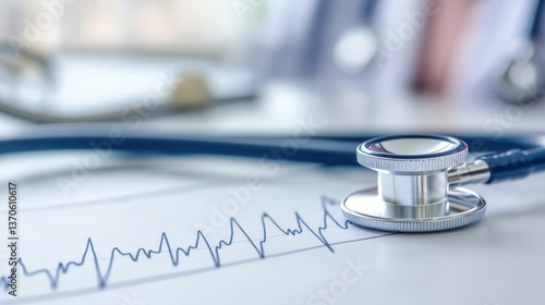 A stethoscope rests over a heart rate chart in a clinical setting, symbolizing healthcare, medical diagnostics, and patient care.