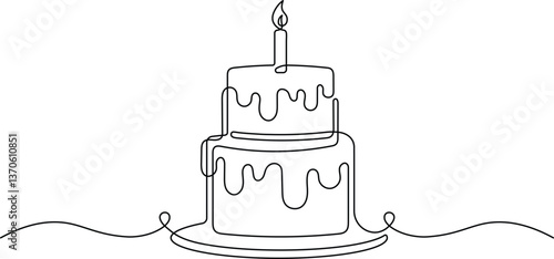 Birthday Cake in Continuous Line Art Style. Minimalist One Line Drawing with Candle, Black Linear sketch isolated on white background 