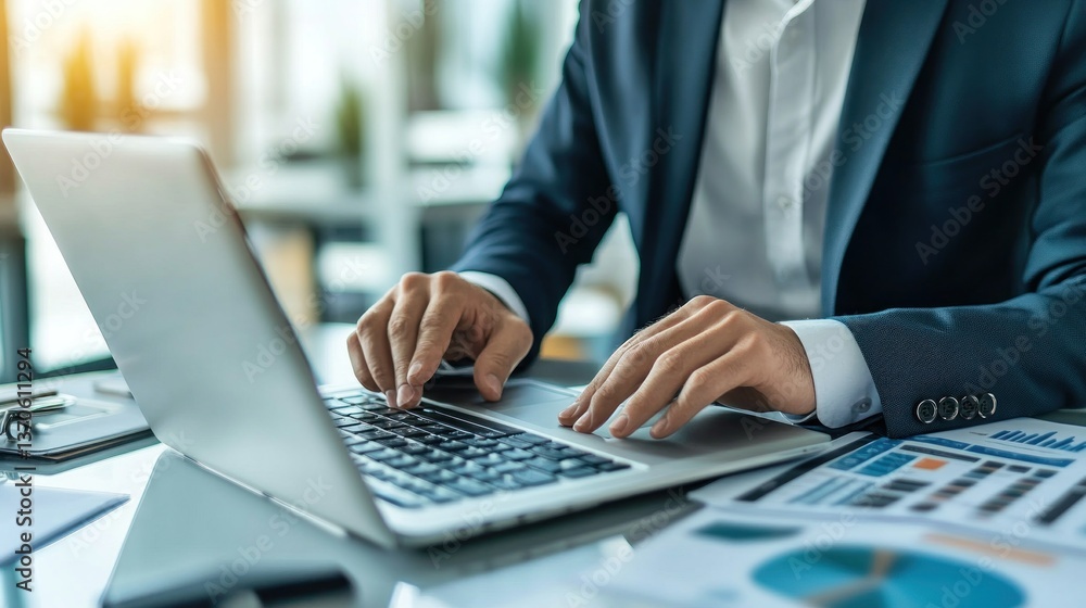 Businessman working on laptop, analyzing data Businessman working on laptop, analyzing data