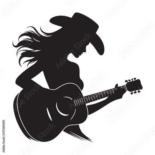 Silhouette Cowgirl Playing Guitar Vector Illustration with Western Vibes
