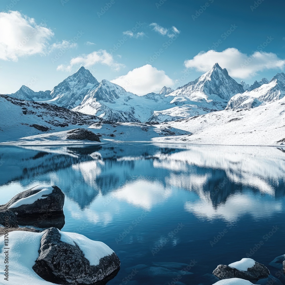 Fototapeta premium Frozen alpine lake reflecting snow-capped peaks