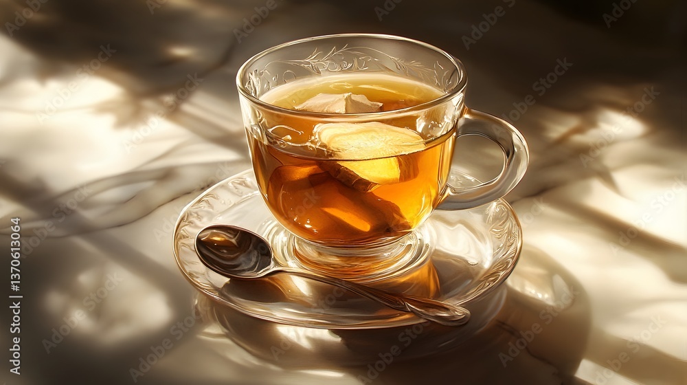 A ginger tea with honey in a glass cup A ginger tea with honey in a glass cup