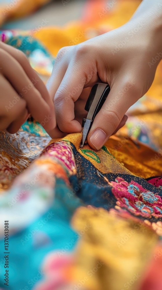 Hands carefully using a tool for working on colorful textile fabric Hands carefully using a tool for working on colorful textile fabric