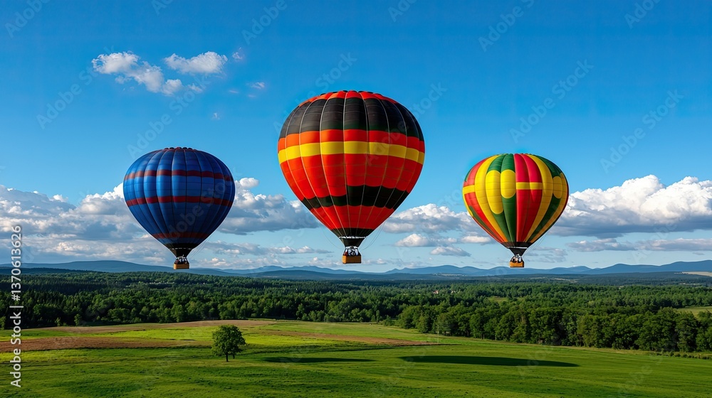 Fototapeta premium Three Hot Air Balloons Soaring Over Lush Green Landscape