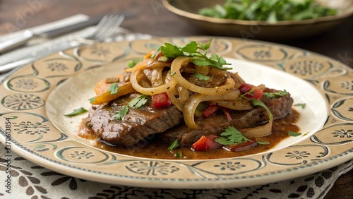 Savoring bistec encebollado served on an elegant vintage plate, showcasing a delightful culinary experience