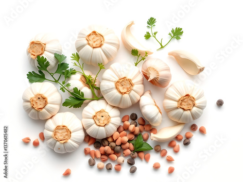 Wallpaper Mural Fresh Garlic Bulbs and Cloves on White Background - Close-up of Whole and Peeled Garlic Torontodigital.ca