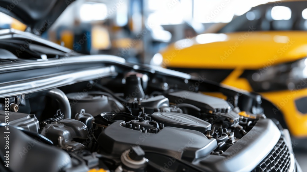 Close-up of a sleek car engine, revealing intricate details of automotive engineering within a vibrant mechanic's workshop. Close-up of a sleek car engine, revealing intricate details of automotive engineering within a vibrant mechanic's workshop.