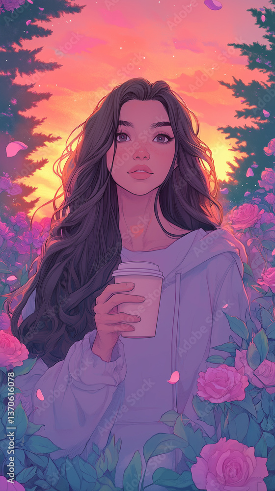 dreamy girl with coffee at sunset – aesthetic illustration for relaxation, mindfulness, and lifestyle projects, book covers dreamy girl with coffee at sunset – aesthetic illustration for relaxation, mindfulness, and lifestyle projects, book covers