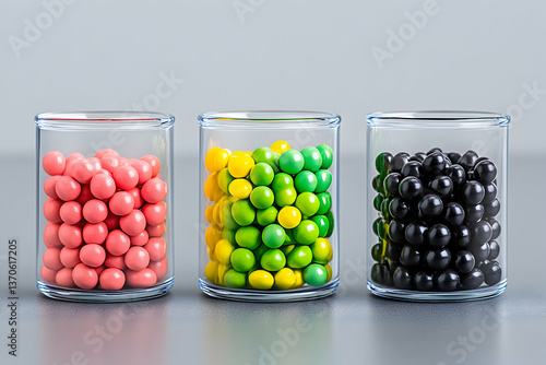 Three glass containers filled with colorful spheres