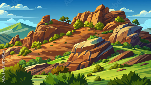 Rocky Hills with lush native plants and distant landscapes, Highly detailed vector illustration