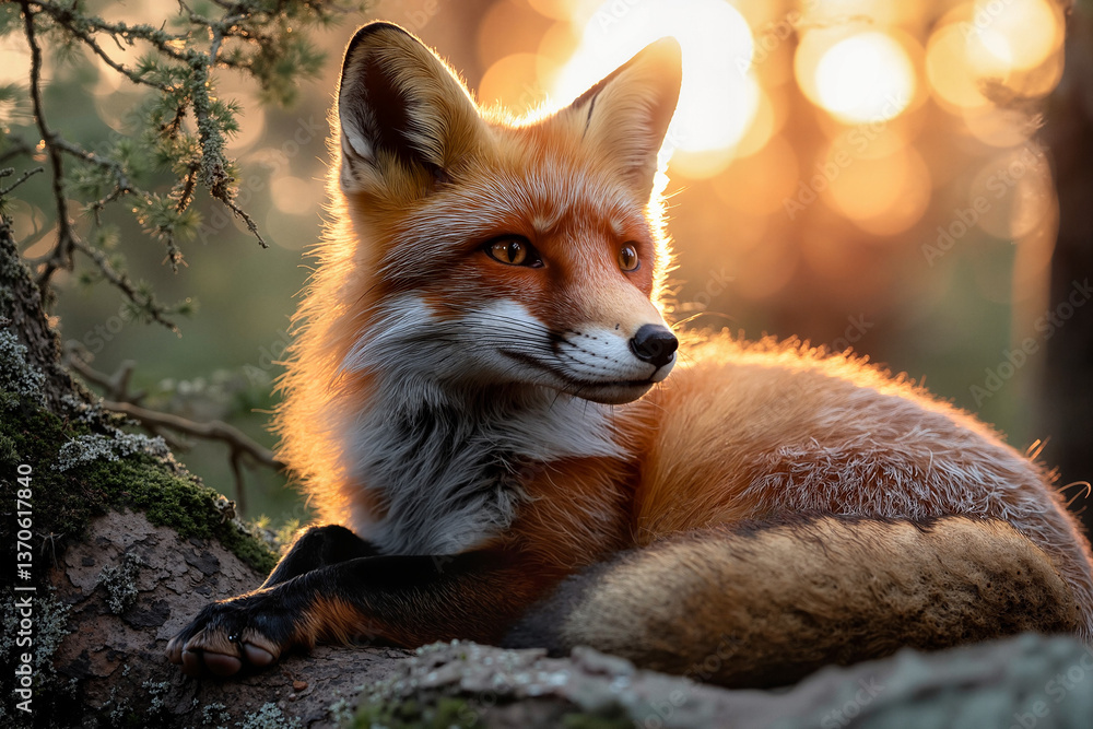 Obraz premium Fox resting peacefully on a log during sunset