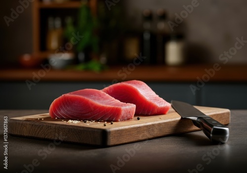 Fresh tuna fillets on a wooden cutting board with a sharp knife