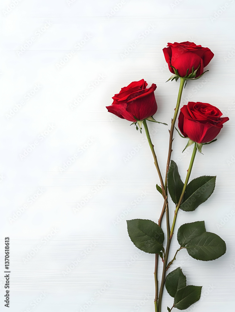 Three red roses arranged on white background Three red roses arranged on white background