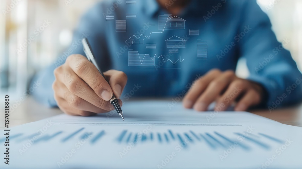 A detailed close-up of a contract signing for a home loan with financial charts in the air A detailed close-up of a contract signing for a home loan with financial charts in the air