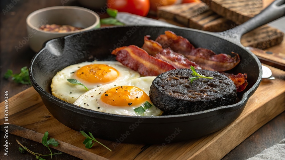 Indulge in a delightful breakfast platter featuring black pudding, crispy bacon, and sunny-side-up eggs Indulge in a delightful breakfast platter featuring black pudding, crispy bacon, and sunny-side-up eggs