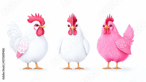 Three stylized chickens; one rooster and two hens, white and pink