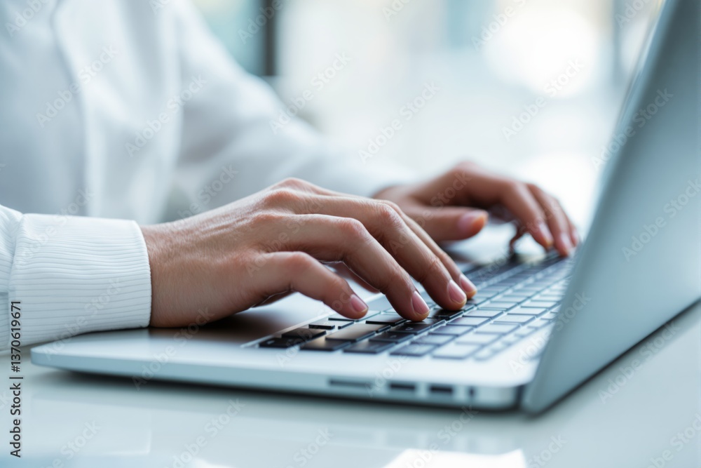Close-up of hands typing on a laptop keyboard in a business environment. Close-up of hands typing on a laptop keyboard in a business environment.