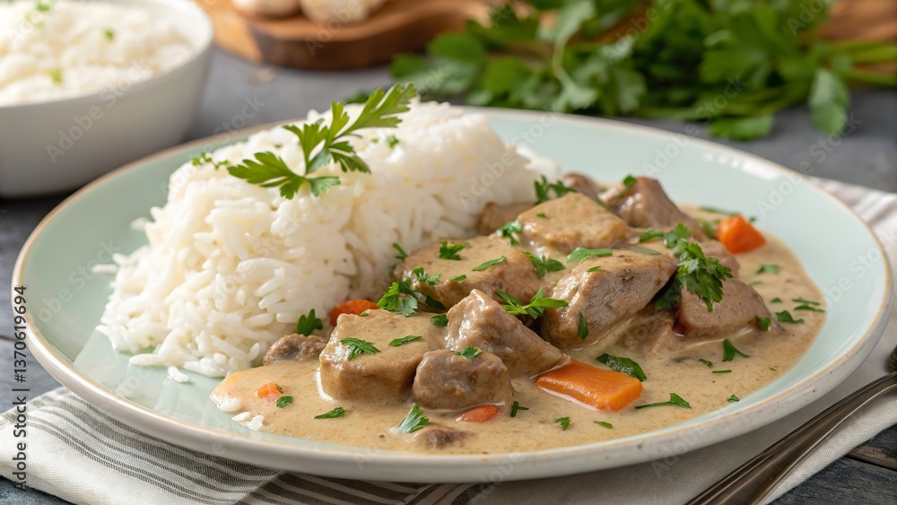 Indulging in blanquette de veau with steamed rice, a timeless culinary delight from French cuisine Indulging in blanquette de veau with steamed rice, a timeless culinary delight from French cuisine