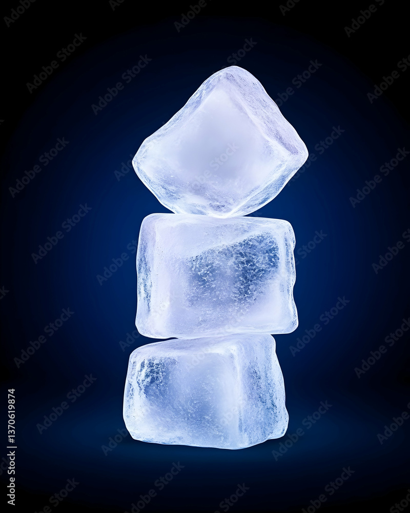 Obraz premium Three translucent ice cubes stacked on a dark background