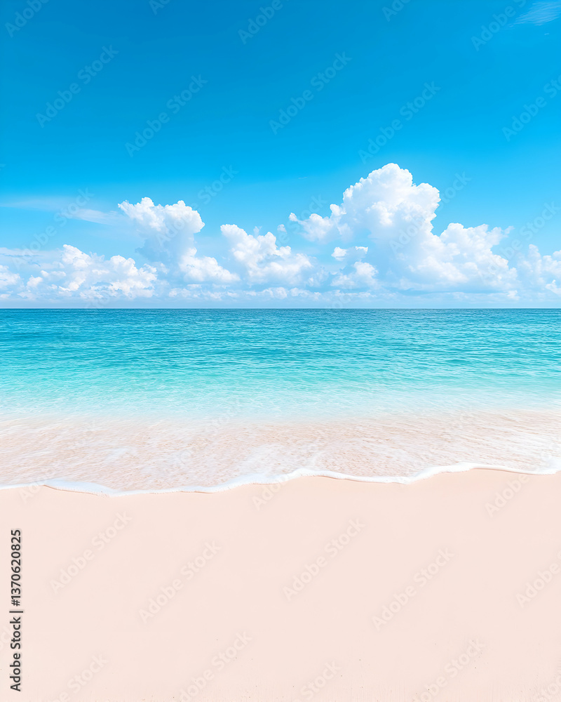 Fototapeta premium Tranquil beach scene with turquoise water, soft waves, and fluffy clouds under a vibrant blue sky