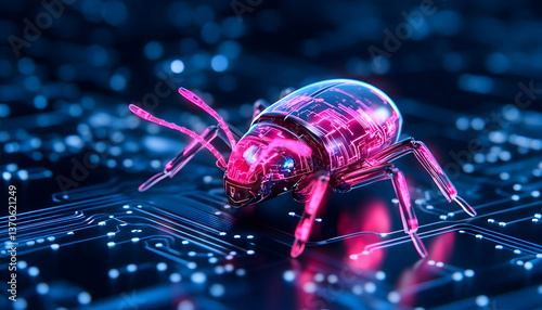 Translucent robotic insect crawls circuit board, symbolizing cyber threat
