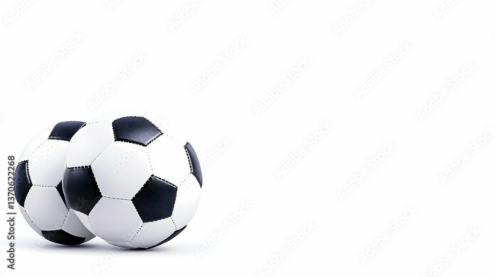 Two classic soccer balls on white background, ample copy space Two classic soccer balls on white background, ample copy space