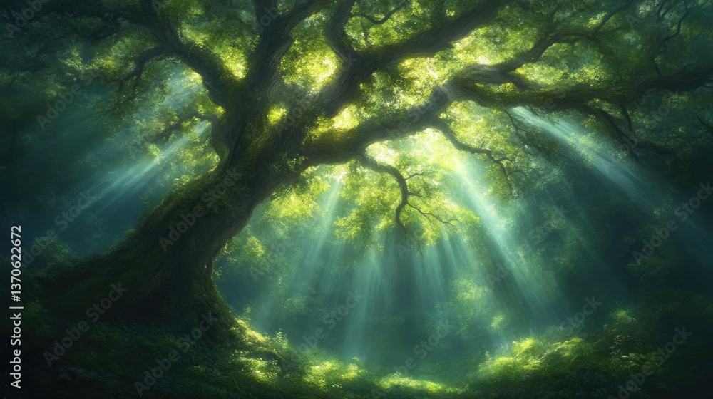 Obraz premium Majestic ancient tree bathed in sunlight, illuminating a dense forest floor. Lush greenery and sunlight rays create a serene, mystical atmosphere