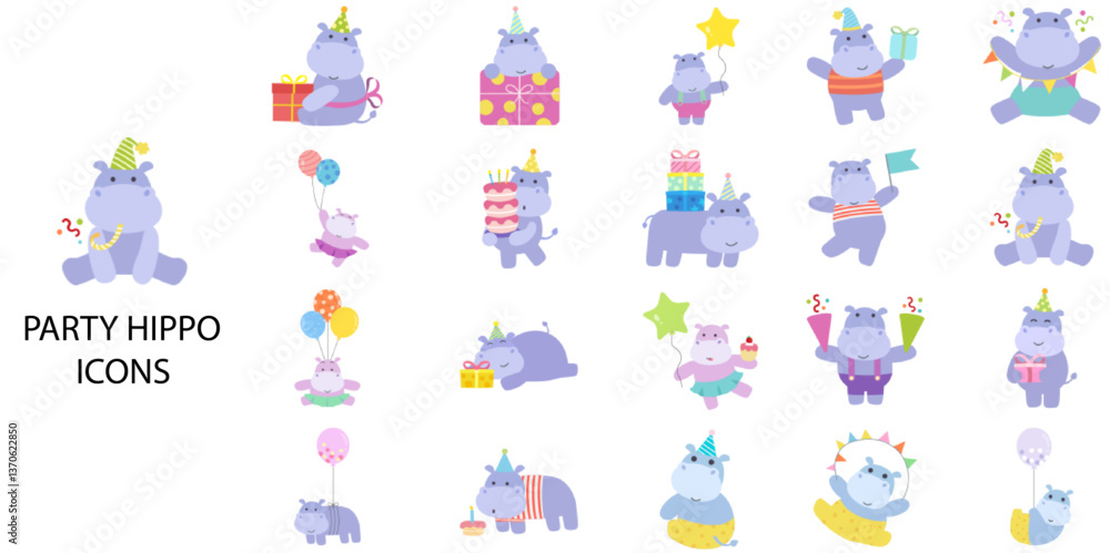 Party Hippo simple concept 24 hand drawn color icons set. Contains such hippo, cartoon, character, celebration .Vector illustration. Party Hippo simple concept 24 hand drawn color icons set. Contains such hippo, cartoon, character, celebration .Vector illustration.