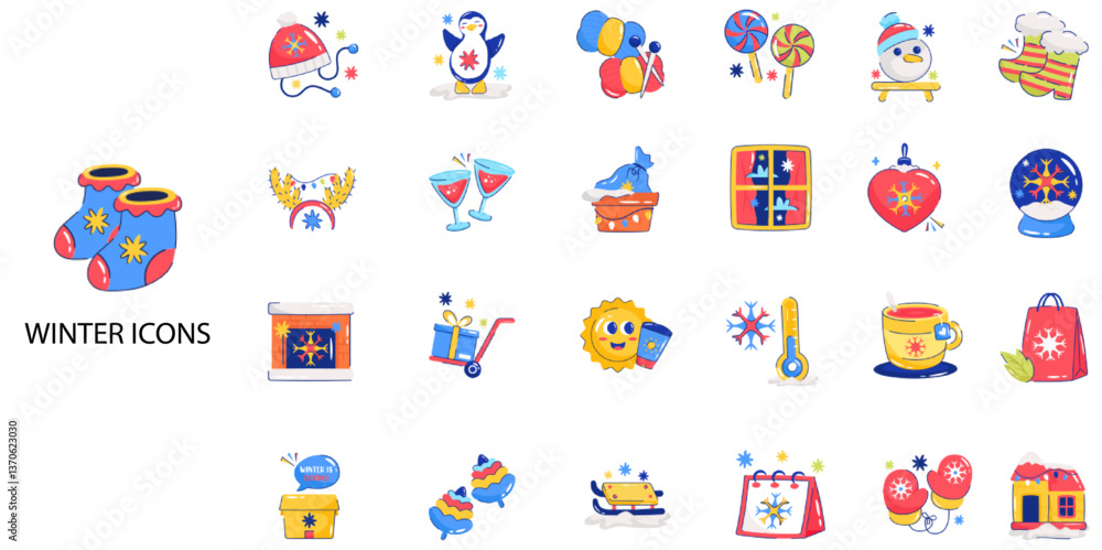 Winter simple concept 24 hand drawn color icons set. Contains such winter, shocks, cap, snow .Vector illustration. Winter simple concept 24 hand drawn color icons set. Contains such winter, shocks, cap, snow .Vector illustration.