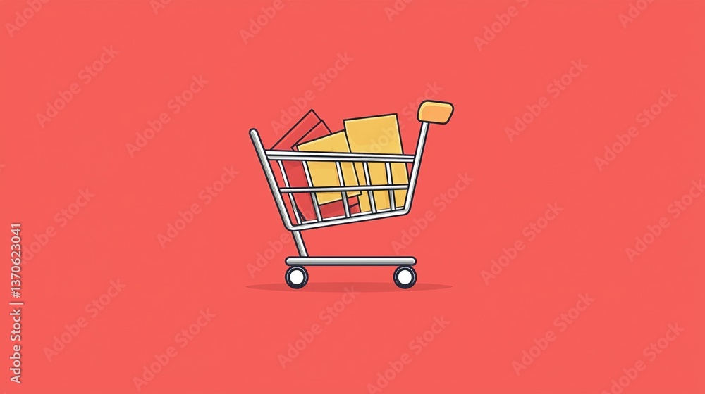 Shopping cart filled with packages against a simple red background Shopping cart filled with packages against a simple red background