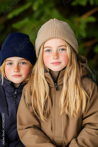 Two girls in winter hats and jackets, outdoors