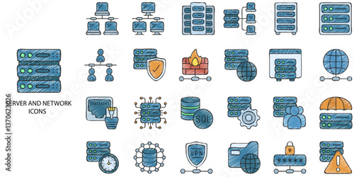 Servers and Network simple concept 24 hand drawn icons set. Contains such traffic, files, cloud, server, Database and Cloud service, domain, firewall, internet, FTP. Vector illustration.