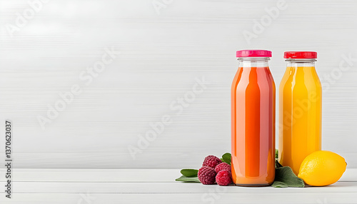 Two glass bottles of juice, one orange, one yellow, with raspberries and lemon