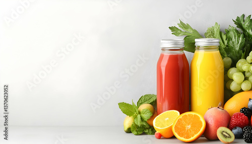 Two glass bottles of fresh fruit juice with assorted fruits